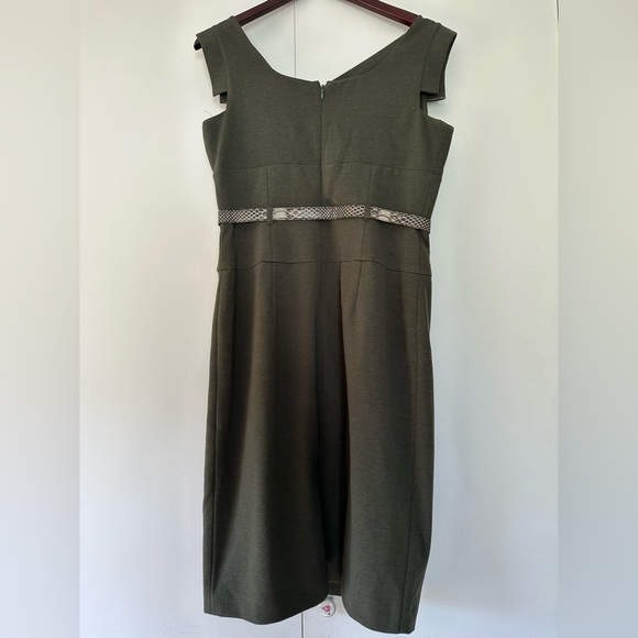 Adrianna Papell Belted Olive Asymmetrical Neck Dress - Picture 4 of 7